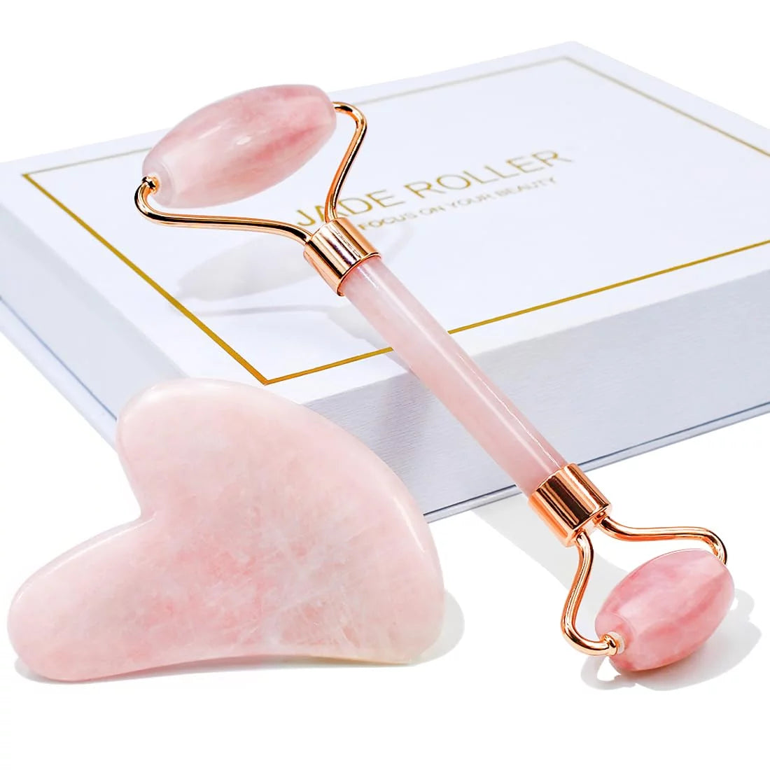 Jade Roller & Gua Sha, Natural Jade Face Roller Gua Sha Facial Tools Skin Care Massager, Pink