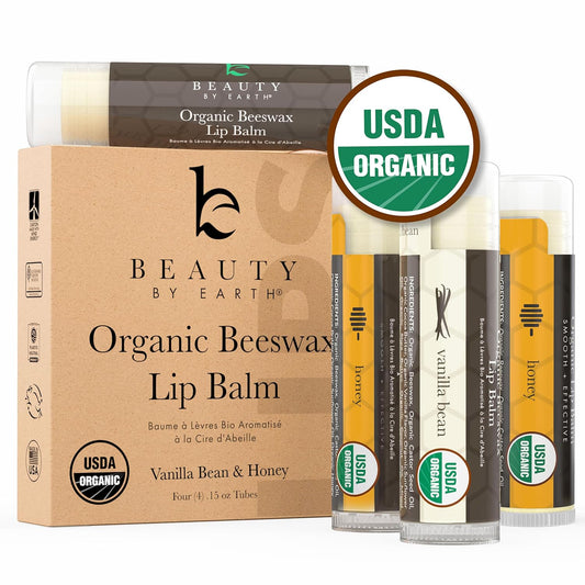 4 Pack Organic Vanilla Bean & Honey Lip Balm - Natural Lip Moisturizer Gifts for Men, Women & Kids